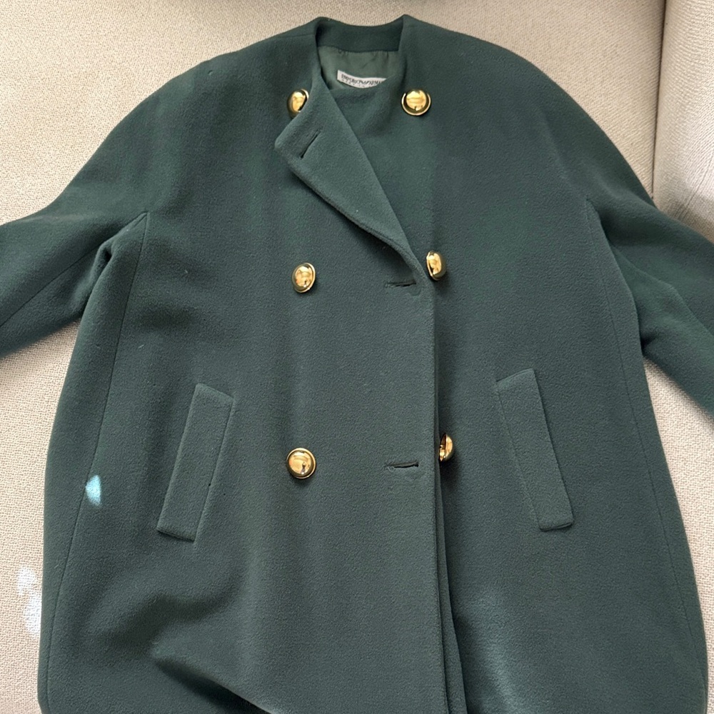 Emporio Armani Dark Green Pea Coat with Gold Buttons